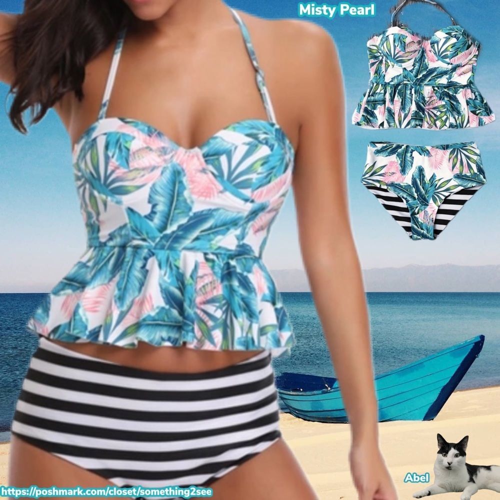 NIB Misty Pearl | Tropical Floral Stripe Print Ruffled Hem Stripe Bottom Bikini